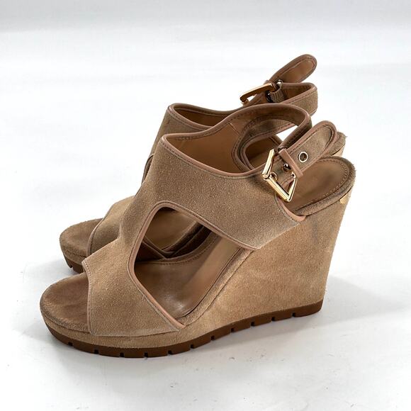 Michael Kors Gillian Wedge Sandals 8.5 Tan Suede Heels Resort Travel Beach - Picture 7 of 7
